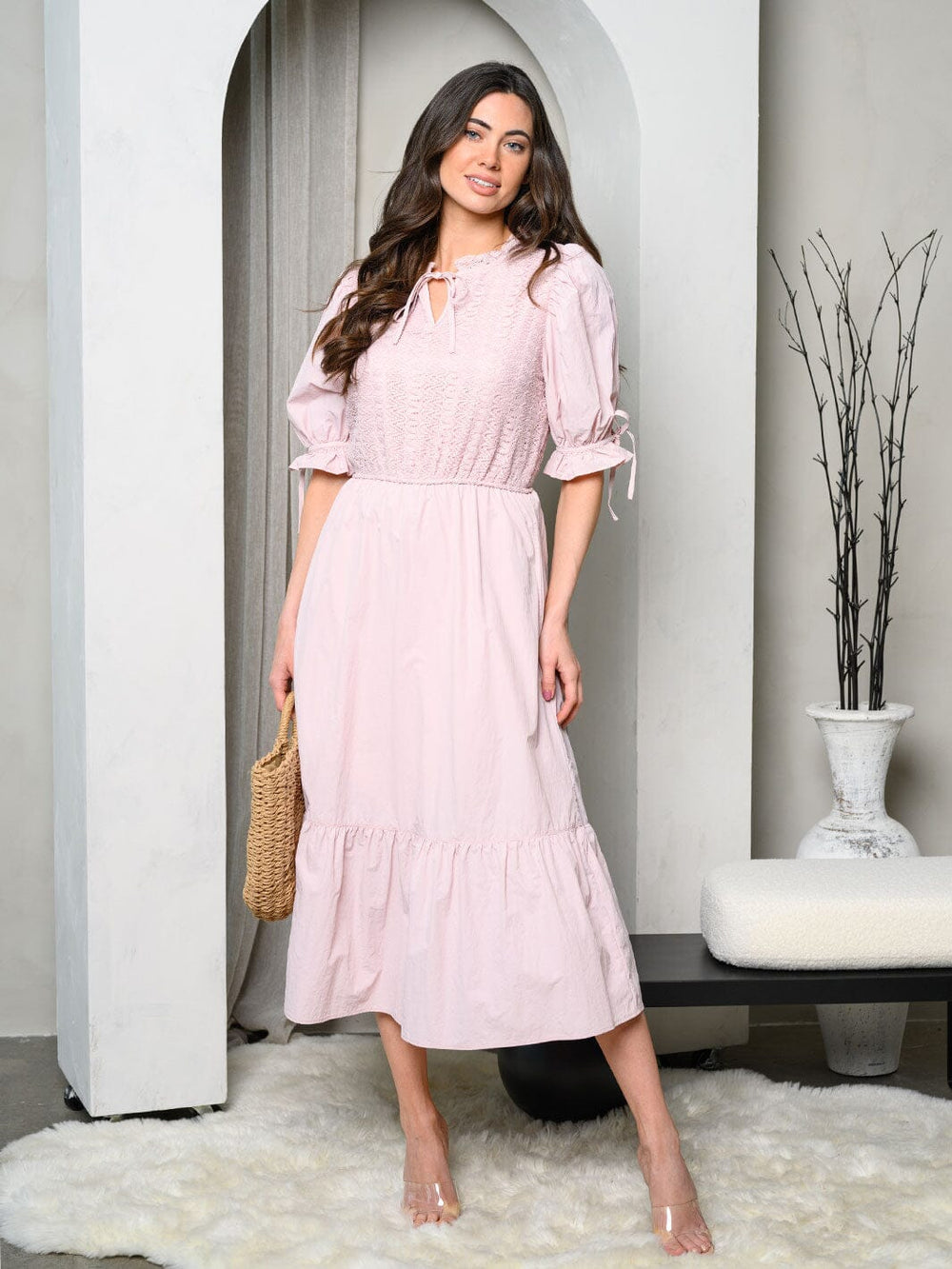 WOMEN'S SHORT PUFF SLEEVE DETAILED MIDI DRESS