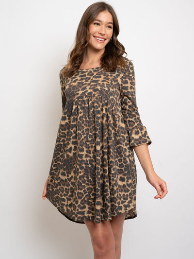 WOMEN'S BROWN ANIMAL PRINT RUFFLE SLEEVES TUNIC DRESS