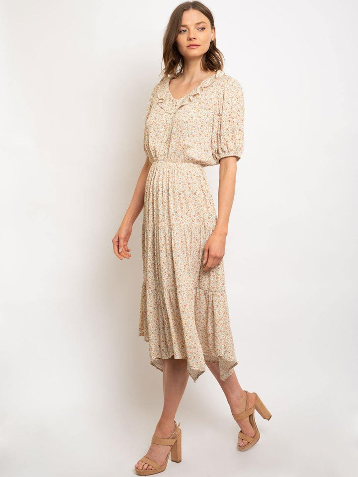 WOMEN'S RUFLE NECK BUTTON DOWNTIERED MIDI DRESS