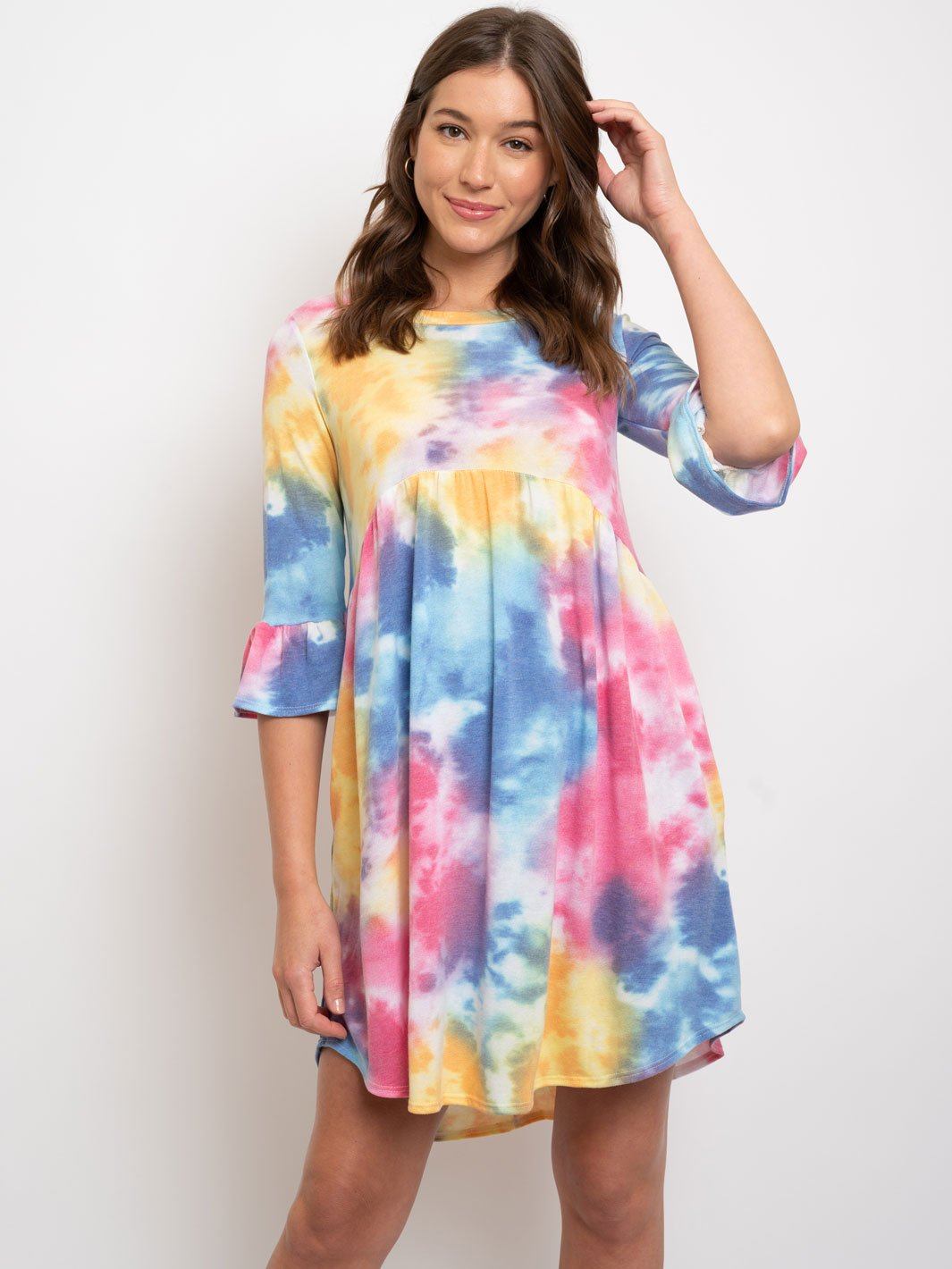 WOMEN'S TIE DYE RUFFLE SLEEVES TUNIC DRESS