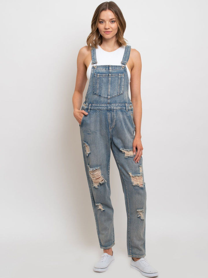 WOMEN'S DISTRESSED DENIM OVERALL JUMPSUIT