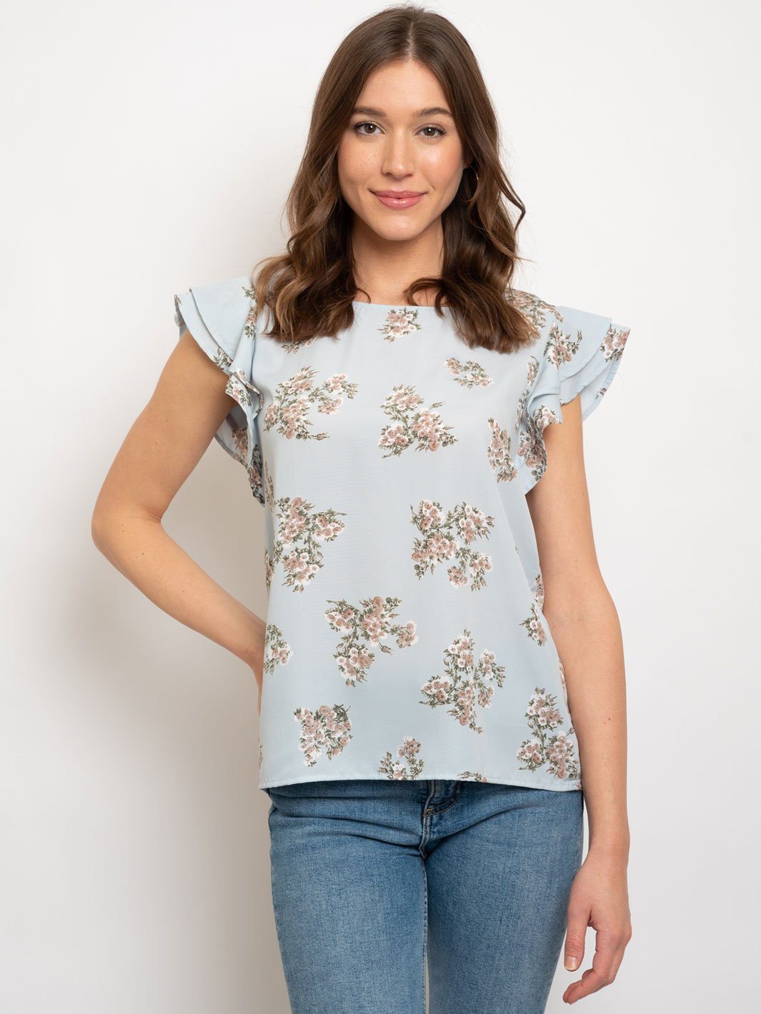 WOMEN'S FLORAL RUFFLE SLEEVE TOP