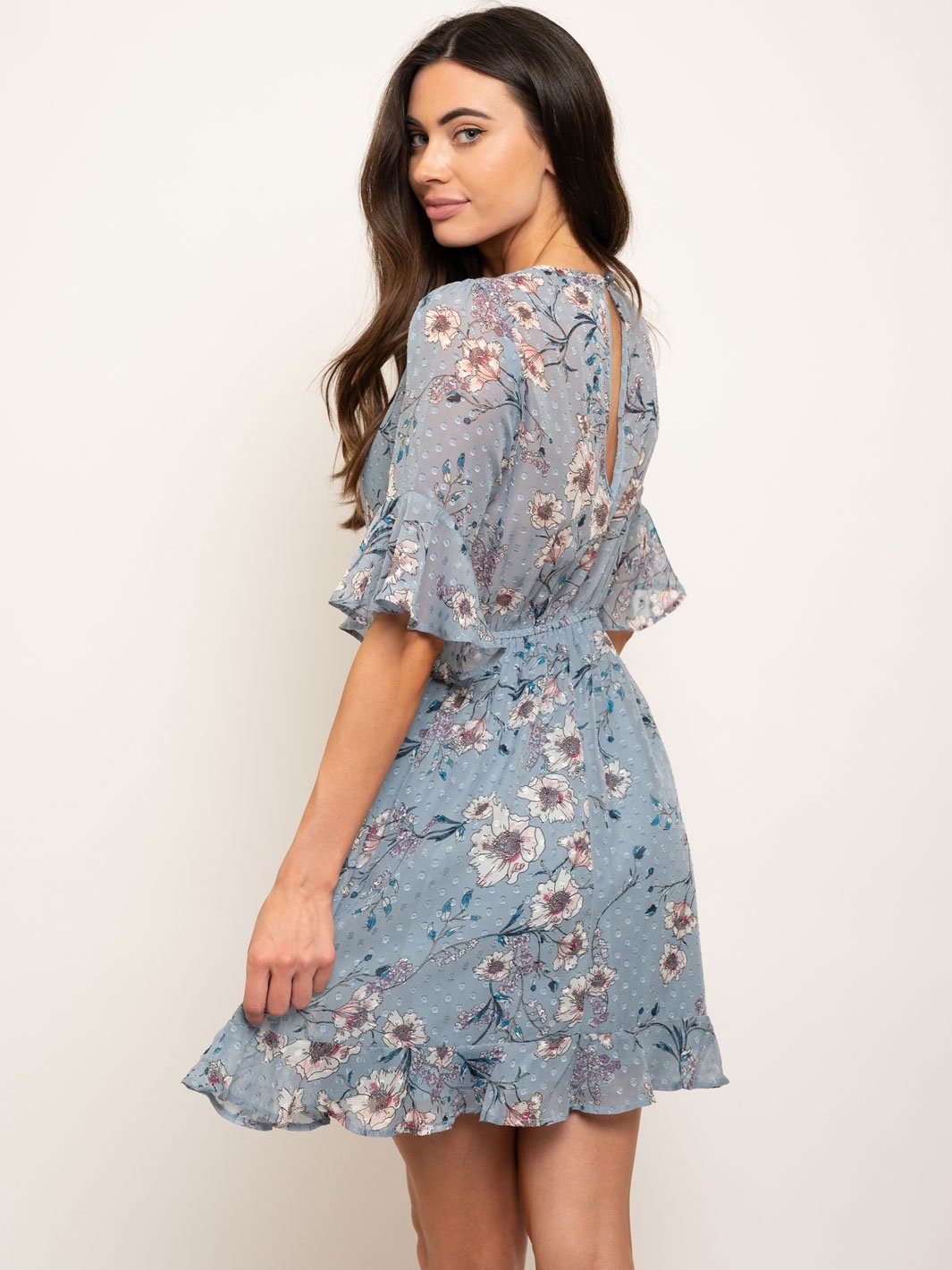 WOMEN'S RUFFLE SLEEVES FLORAL MINI DRESS