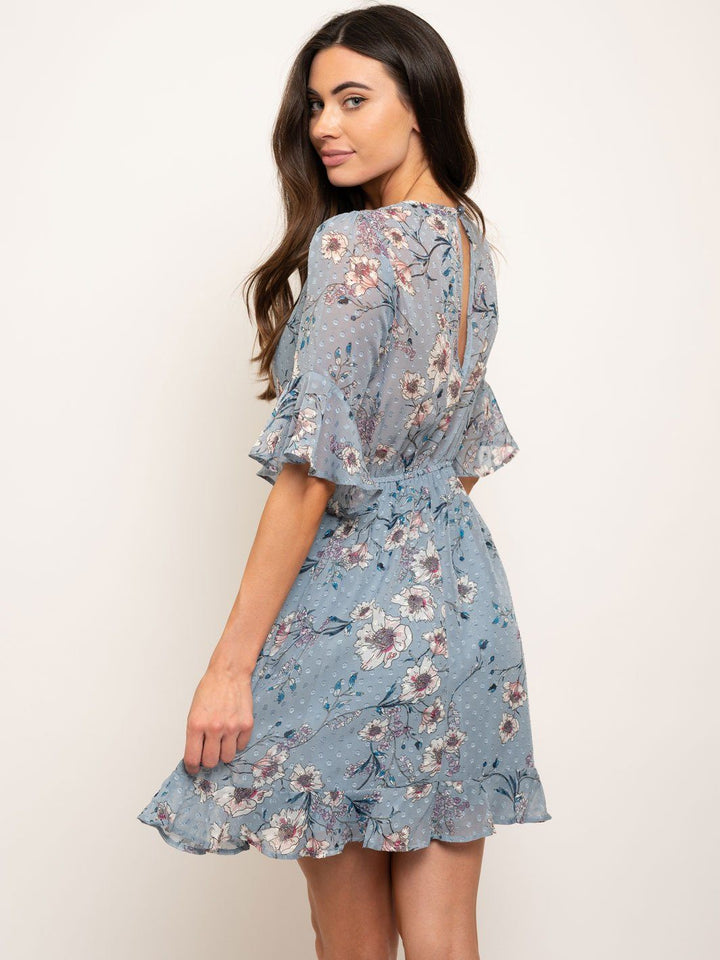 WOMEN'S RUFFLE SLEEVES FLORAL MINI DRESS