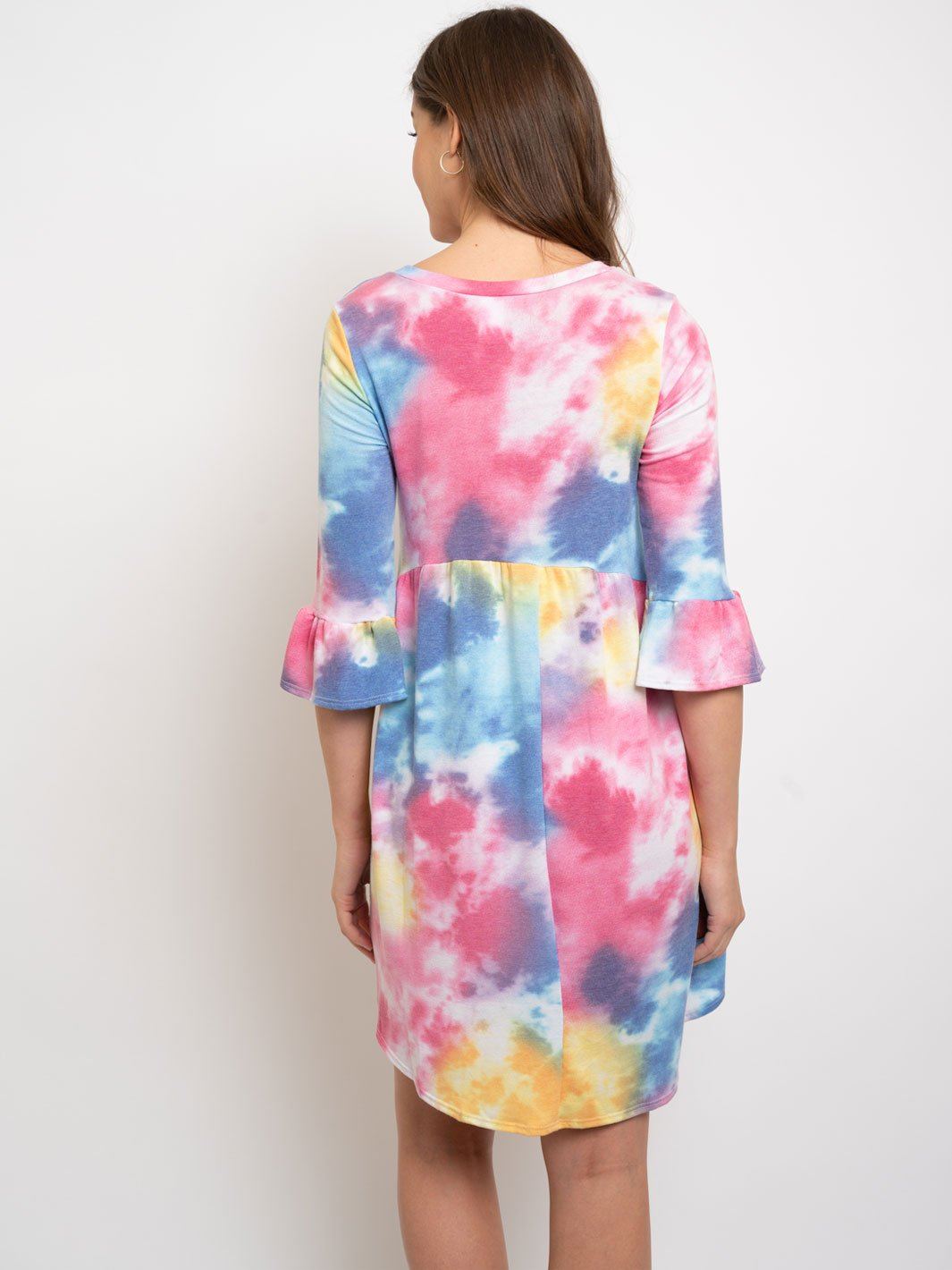 WOMEN'S TIE DYE RUFFLE SLEEVES TUNIC DRESS