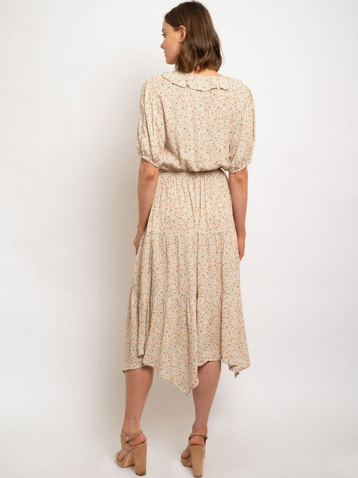 WOMEN'S RUFLE NECK BUTTON DOWNTIERED MIDI DRESS