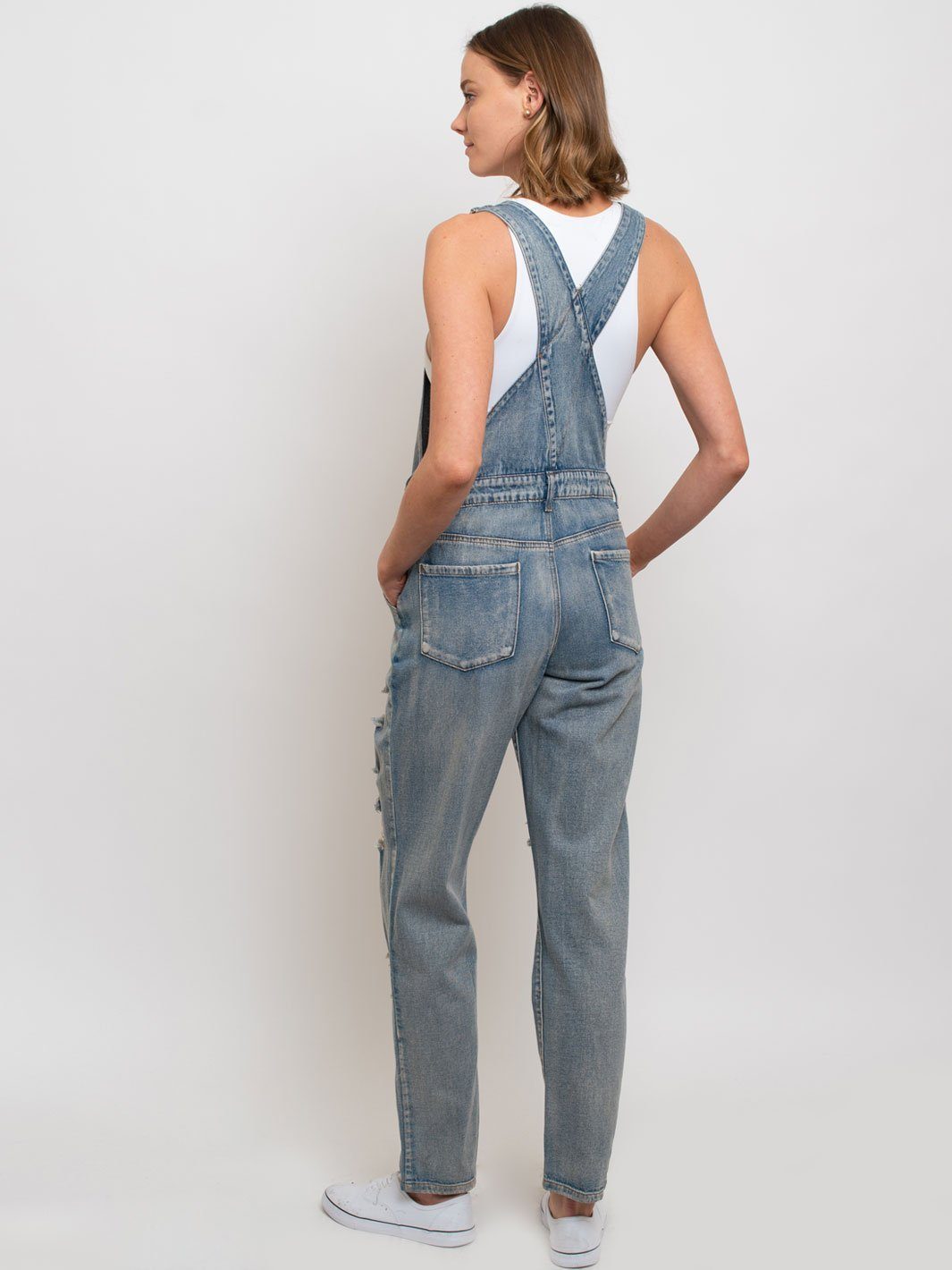 WOMEN'S DISTRESSED DENIM OVERALL JUMPSUIT