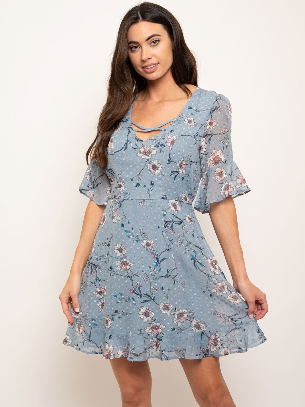 WOMEN'S RUFFLE SLEEVES FLORAL MINI DRESS