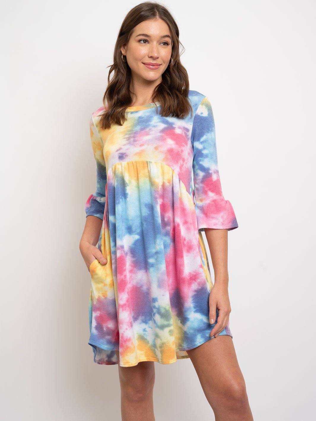 WOMEN'S TIE DYE RUFFLE SLEEVES TUNIC DRESS