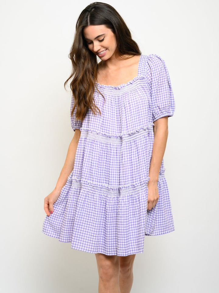 WOMEN'S SQUARE NECK PUFF SLEEVE TIERED MINI DRESS