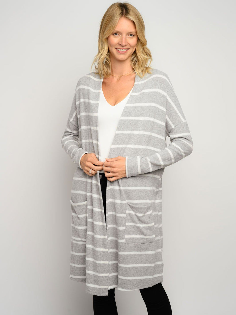WOMEN'S STRIPES POCKETS LONG SLEEVE CARDIGAN