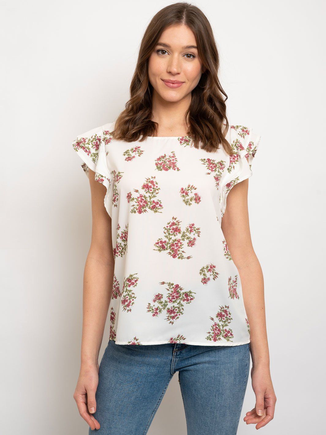 WOMEN'S FLORAL RUFFLE SLEEVE TOP