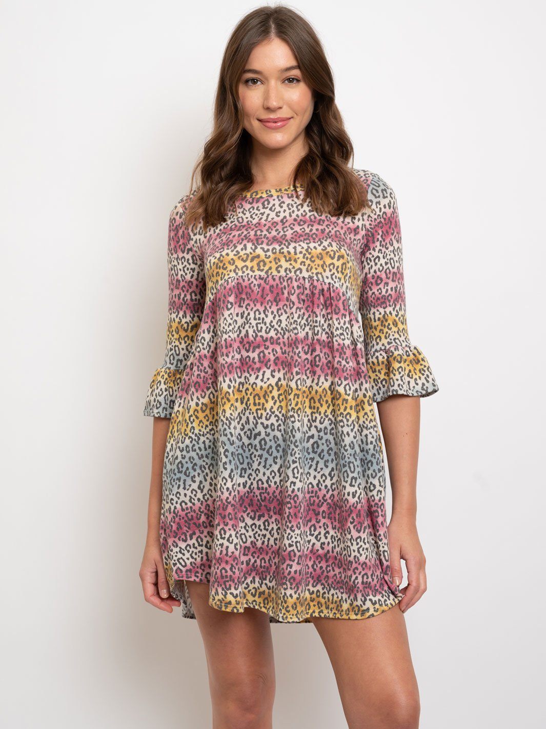 WOMEN'S MULTI ANIMAL PRINT RUFFLE SLEEVES TUNIC DRESS