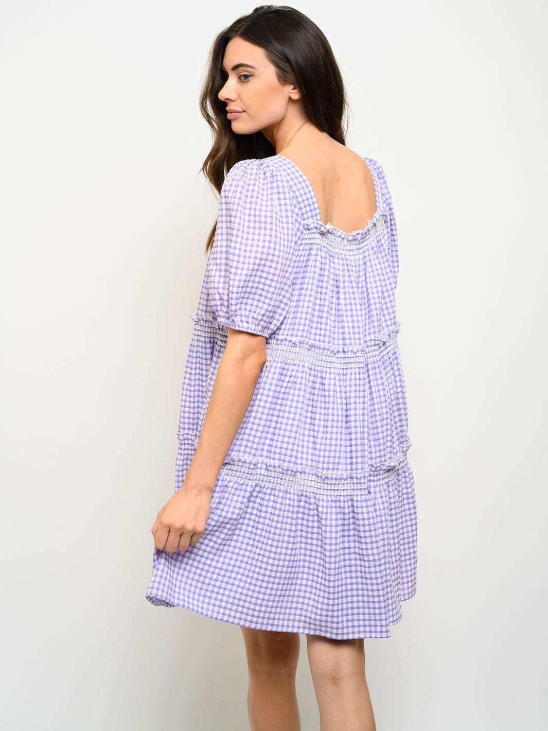 WOMEN'S SQUARE NECK PUFF SLEEVE TIERED MINI DRESS