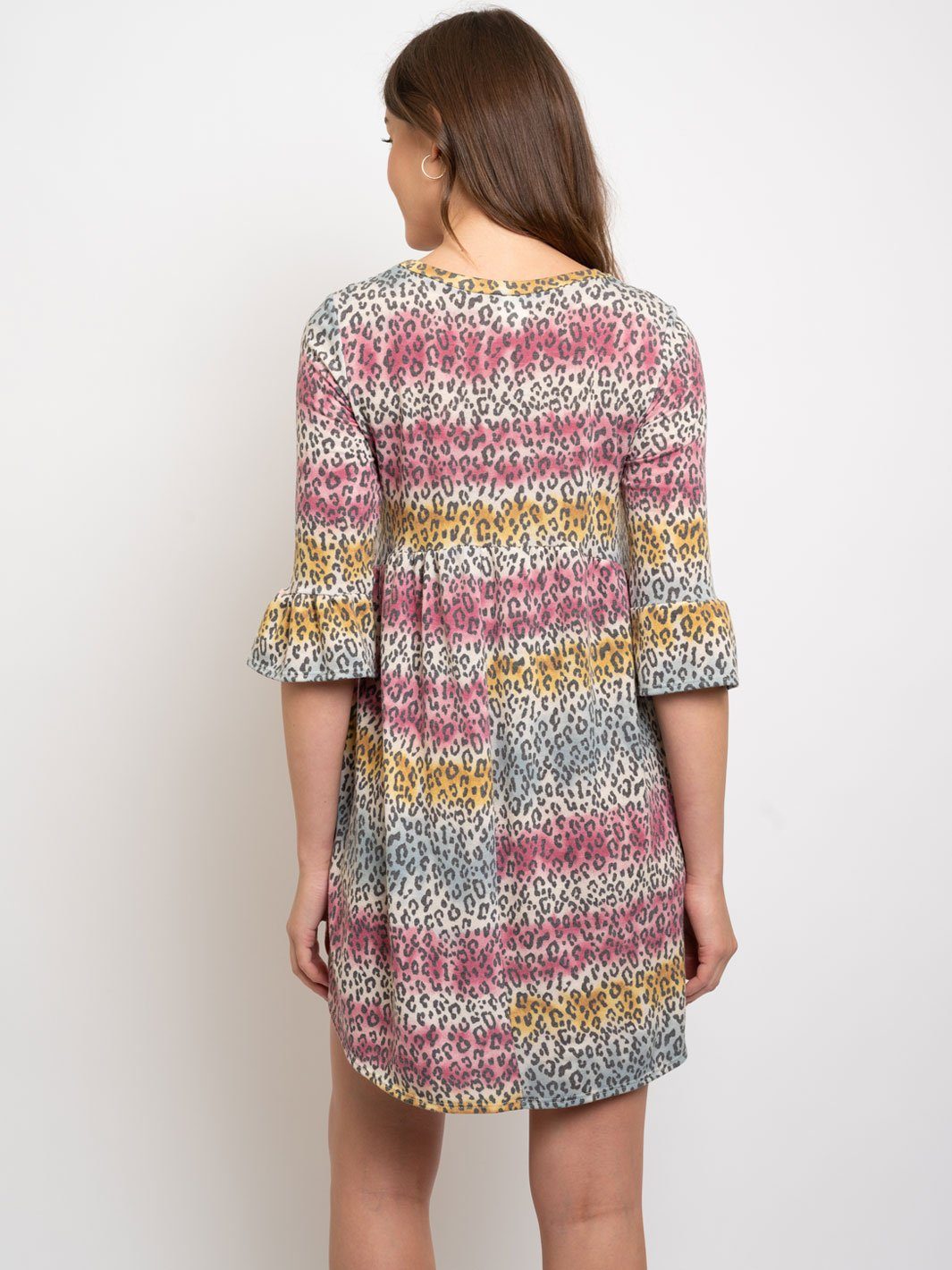 WOMEN'S MULTI ANIMAL PRINT RUFFLE SLEEVES TUNIC DRESS