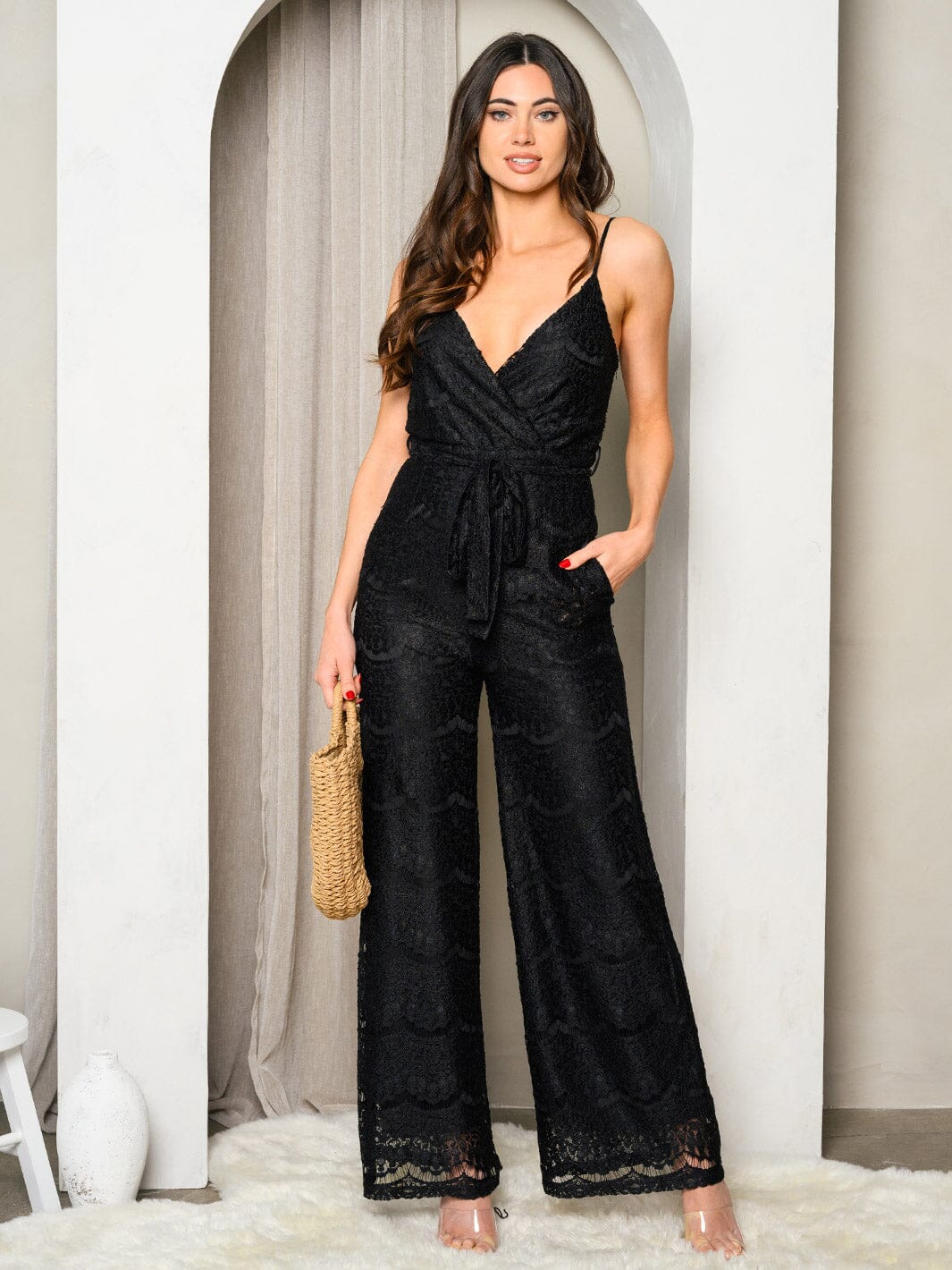 WOMEN'S SLEEVELESS V-NECK POCKETS PATTERN LACE JUMPSUIT