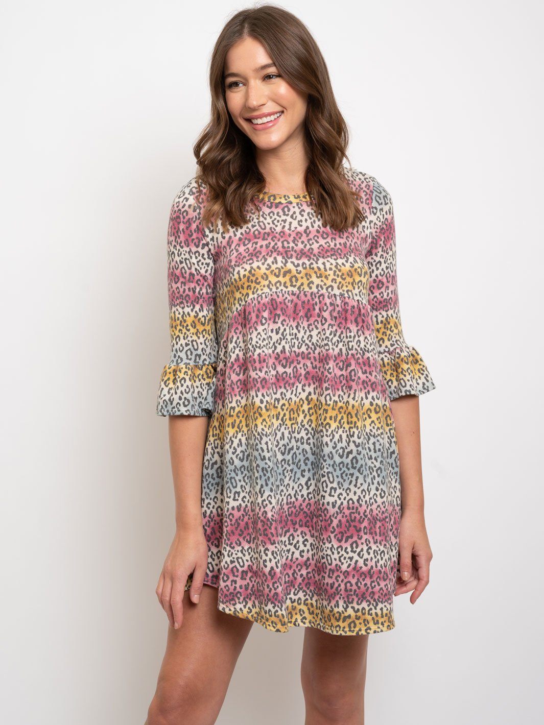 WOMEN'S MULTI ANIMAL PRINT RUFFLE SLEEVES TUNIC DRESS