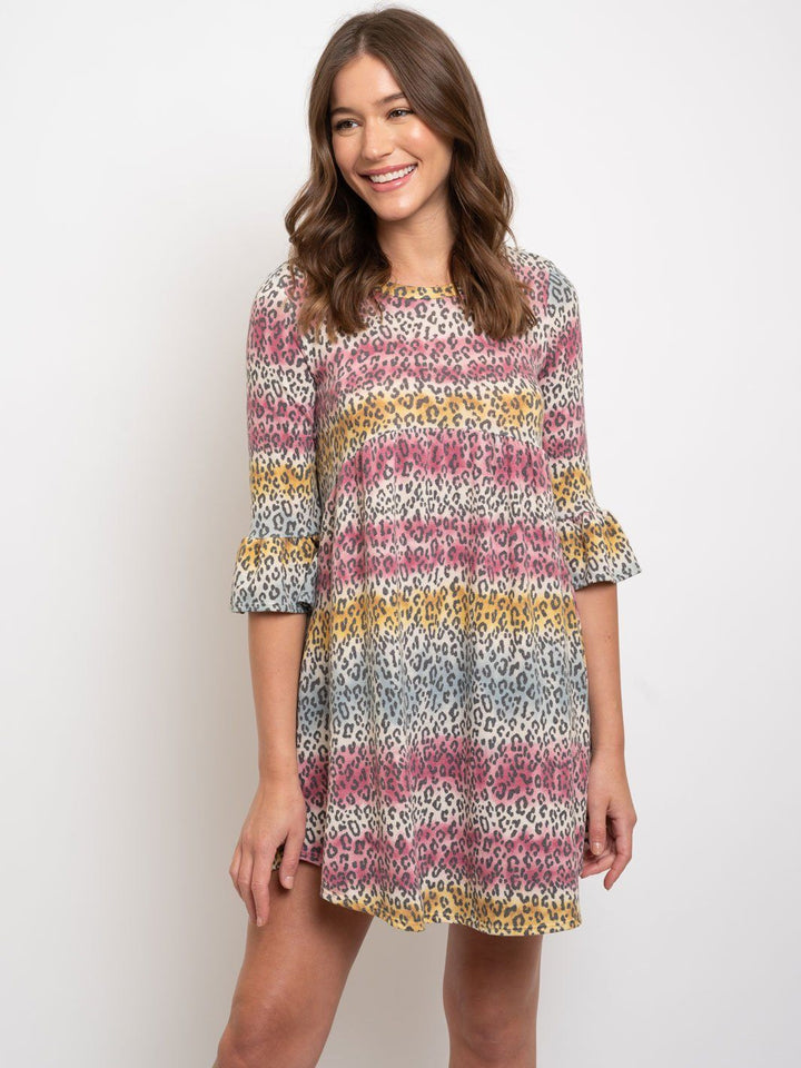 WOMEN'S MULTI ANIMAL PRINT RUFFLE SLEEVES TUNIC DRESS