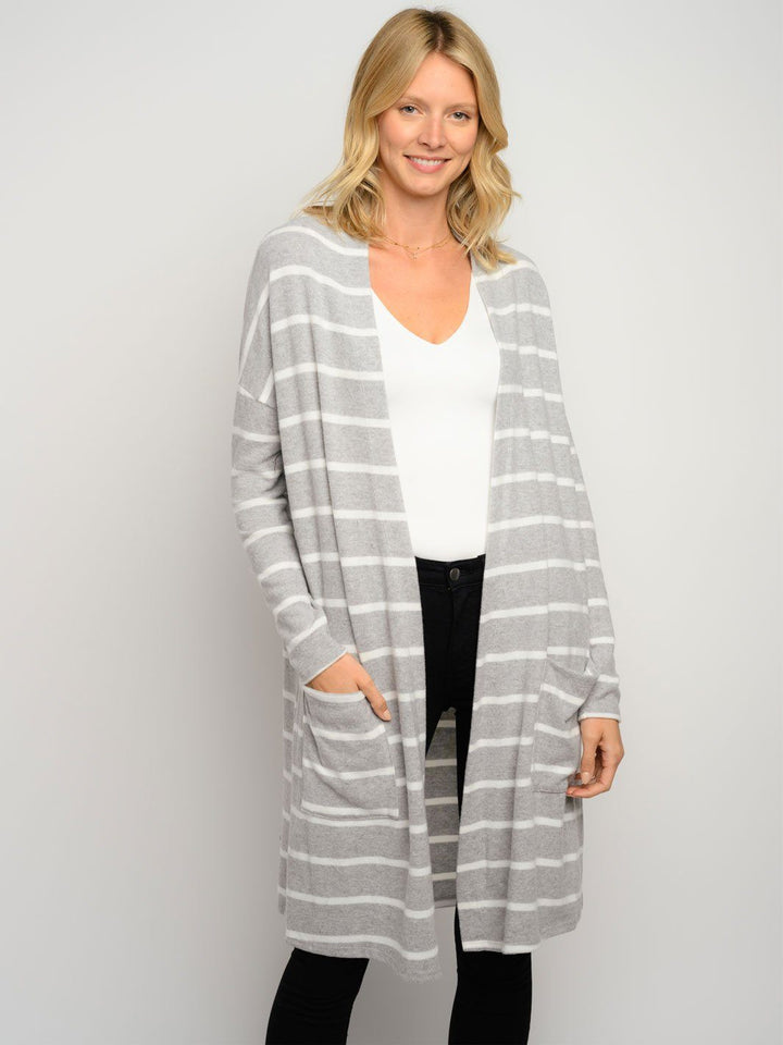 WOMEN'S STRIPES POCKETS LONG SLEEVE CARDIGAN