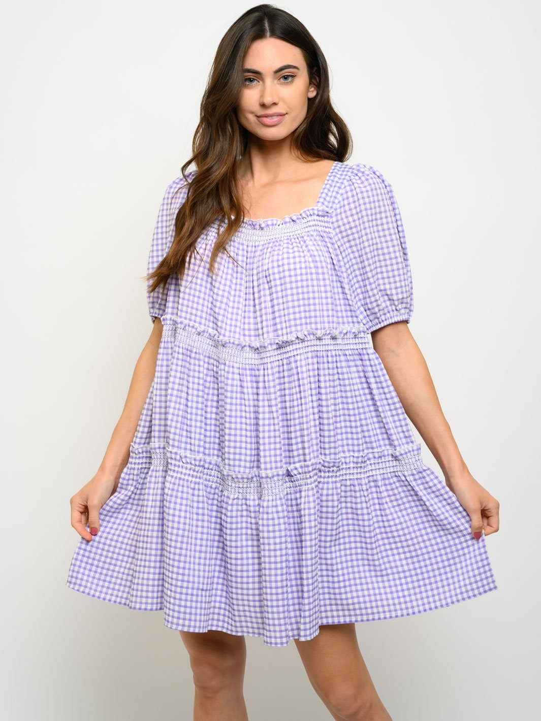 WOMEN'S SQUARE NECK PUFF SLEEVE TIERED MINI DRESS