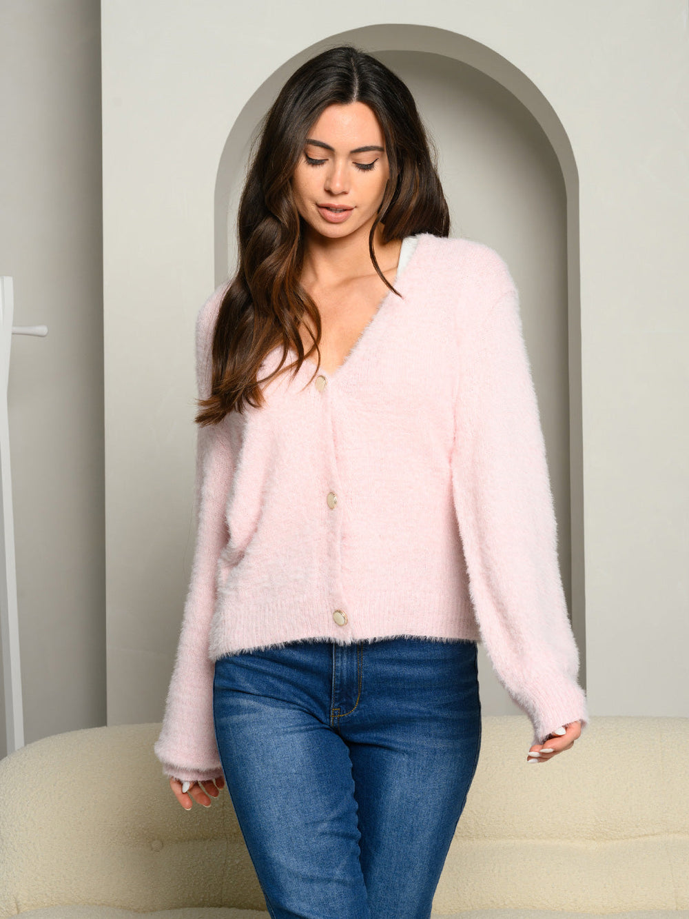 WOMEN'S SOFT FUZZY KNIT BUTTON DOWN SWEATER