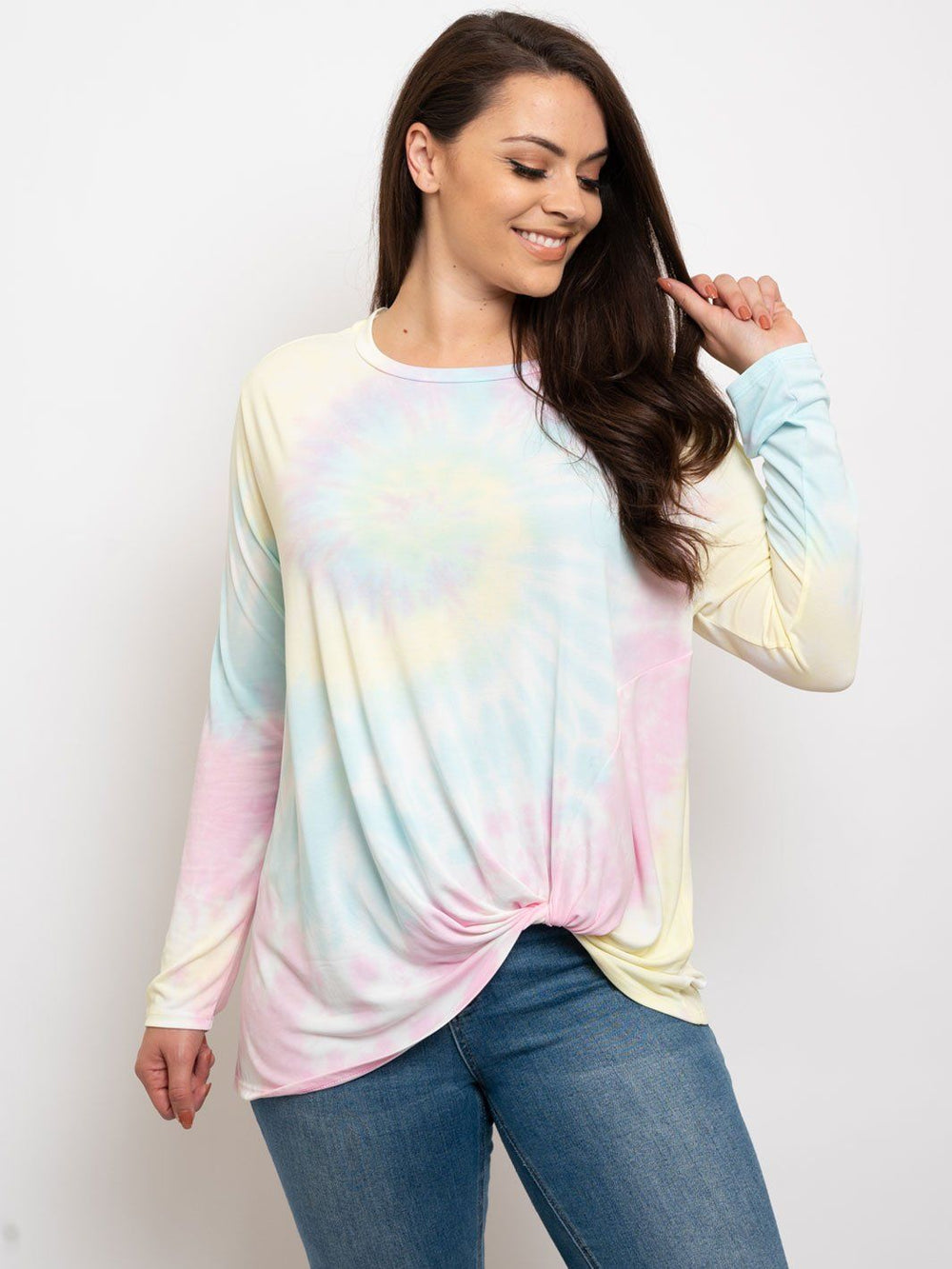 PLUS SIZE TIE DYE FRONT KNOT LONG SLEEVE TOP