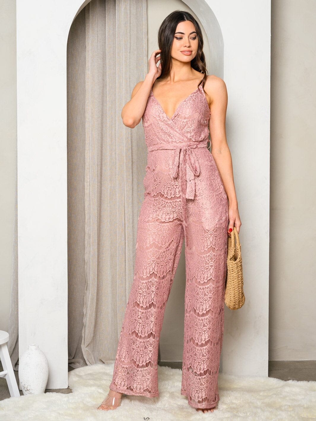 WOMEN'S SLEEVELESS V-NECK POCKETS PATTERN LACE JUMPSUIT