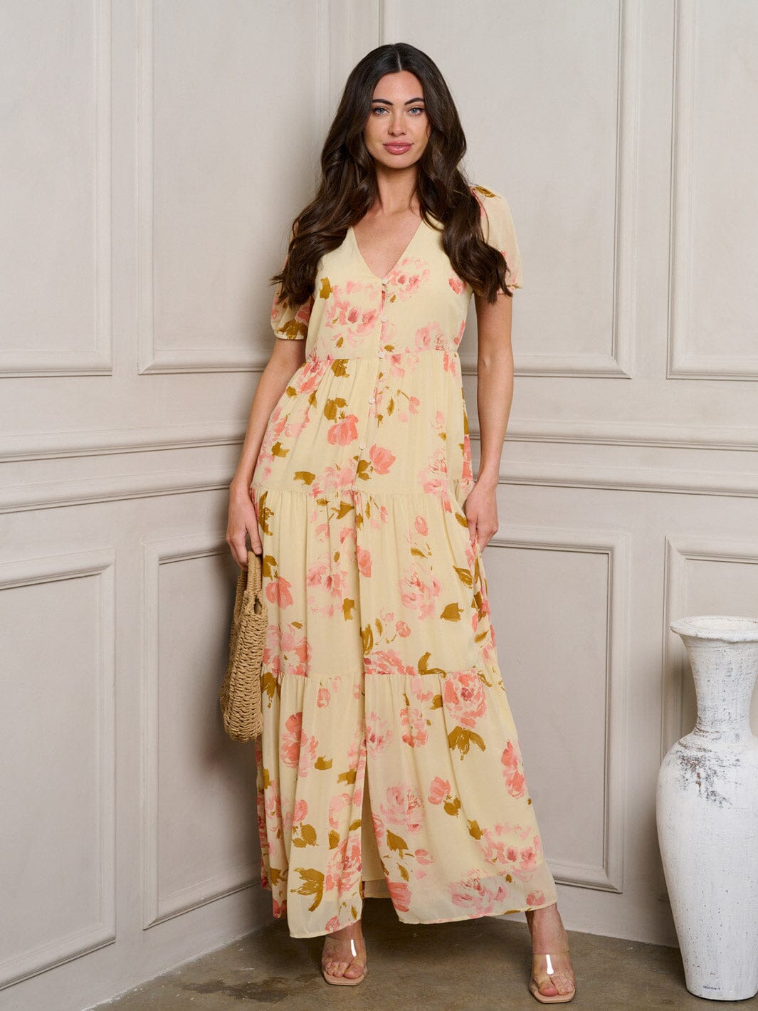 WOMEN'S SHORT SLEEVE BUTTON UP TIERED FLORAL MAXI DRESS