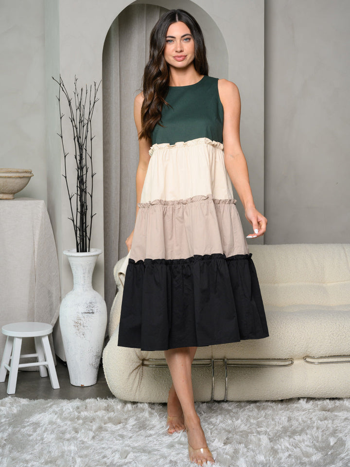WOMEN'S SLEEVELESS TIERED COLORBLOCK MIDI DRESS