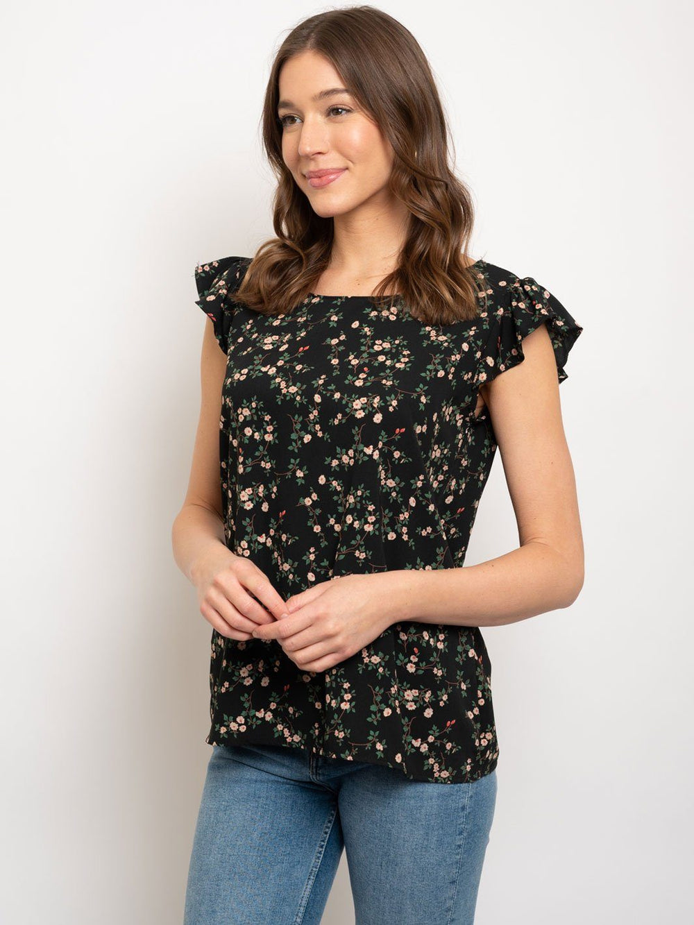WOMEN'S BLACK FLORAL RUFFLE SLEEVE TOP