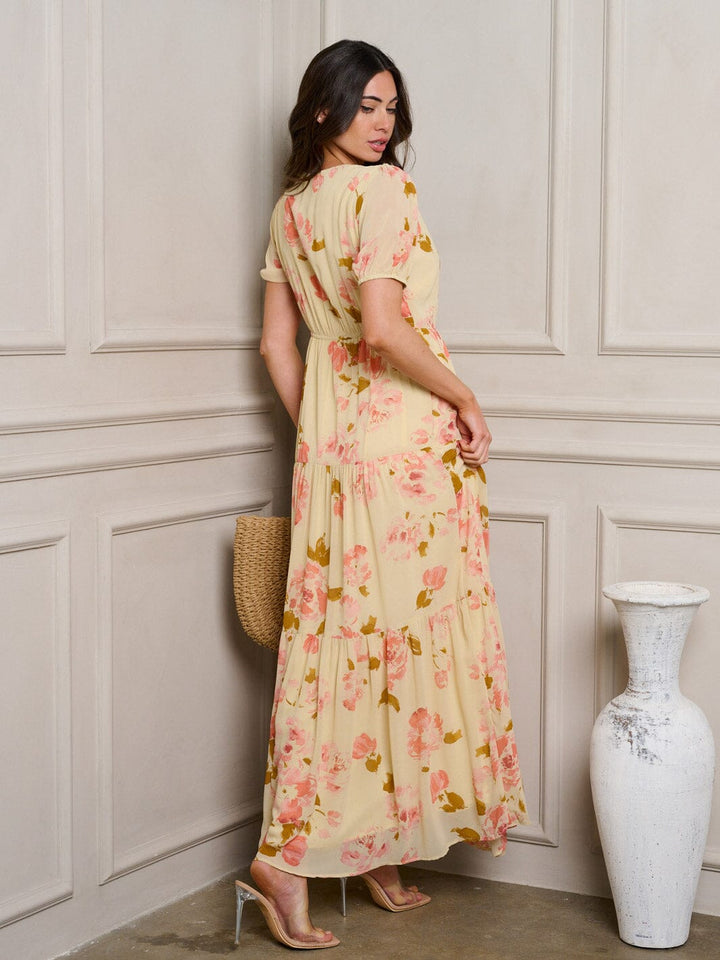 WOMEN'S SHORT SLEEVE BUTTON UP TIERED FLORAL MAXI DRESS