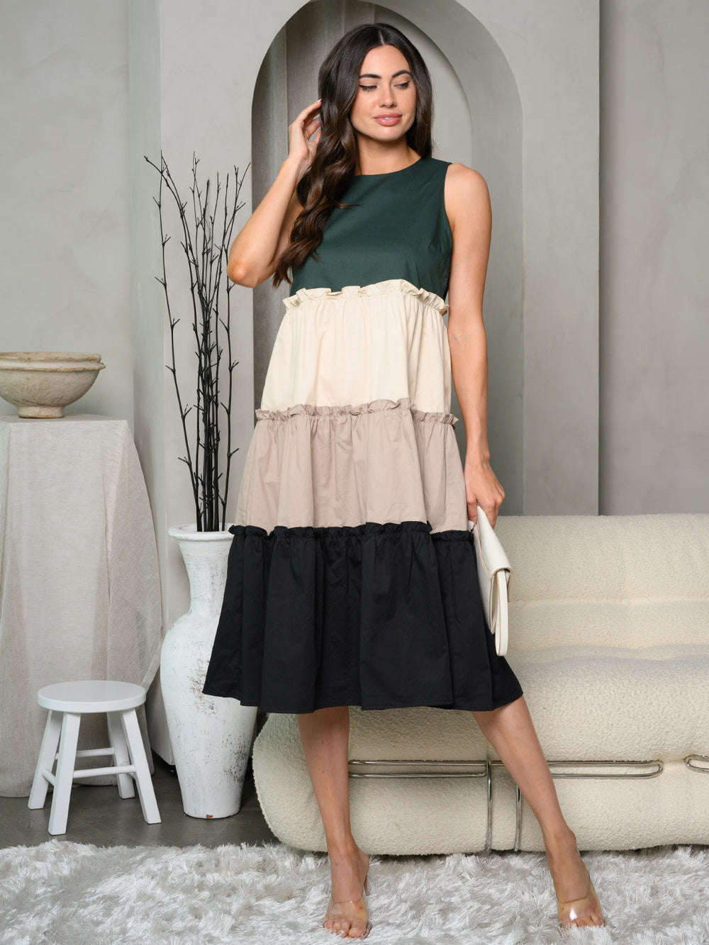 WOMEN'S SLEEVELESS TIERED COLORBLOCK MIDI DRESS