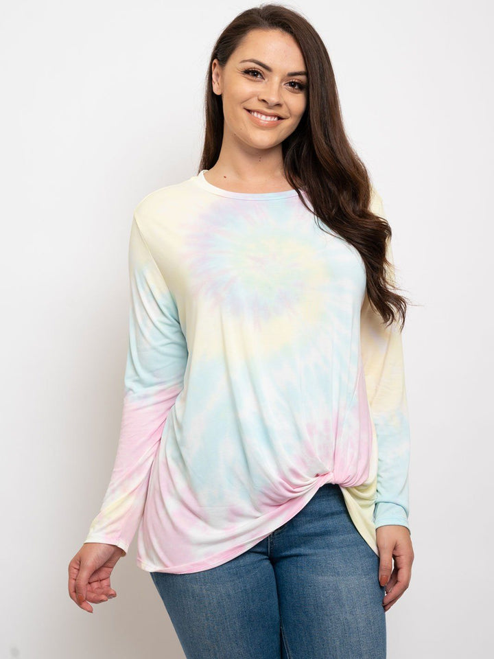 PLUS SIZE TIE DYE FRONT KNOT LONG SLEEVE TOP