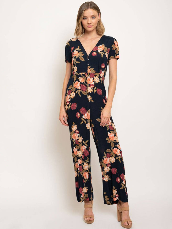 WOMEN'S V-NECK BUTTON CLOSURE FLORAL JUMPSUIT