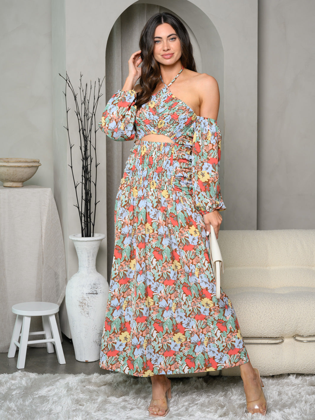 WOMEN'S COLD SHOULDER HALTER NECK FLORAL MAXI DRESS