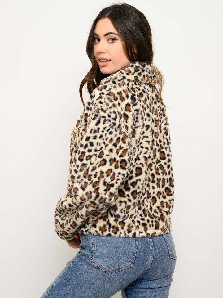 WOMEN'S LEOPARD PRINT ZIP UP PULLOVER SWEATER