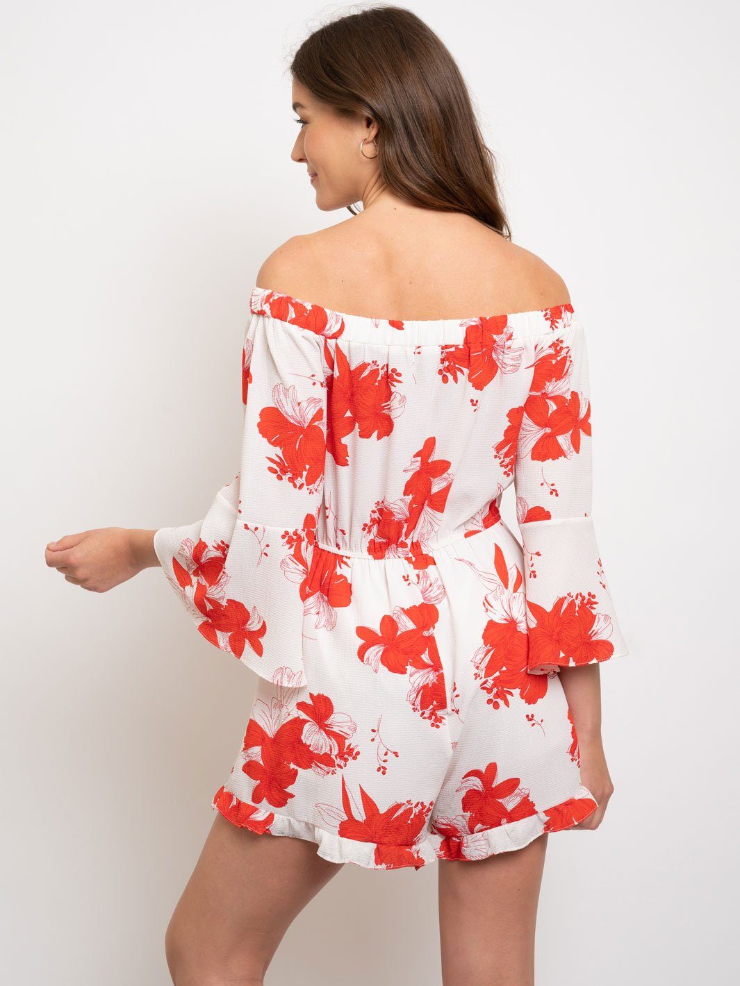 WOMEN'S FLORAL RUFFLE DETAIL OFF SHOULDER ROMPER