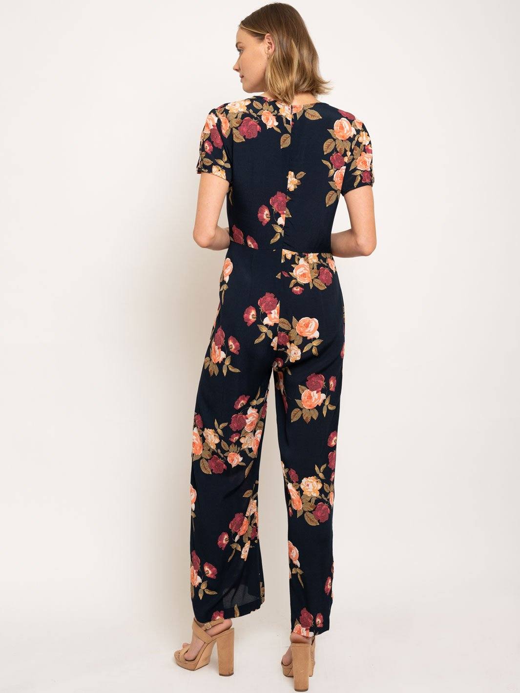 WOMEN'S V-NECK BUTTON CLOSURE FLORAL JUMPSUIT