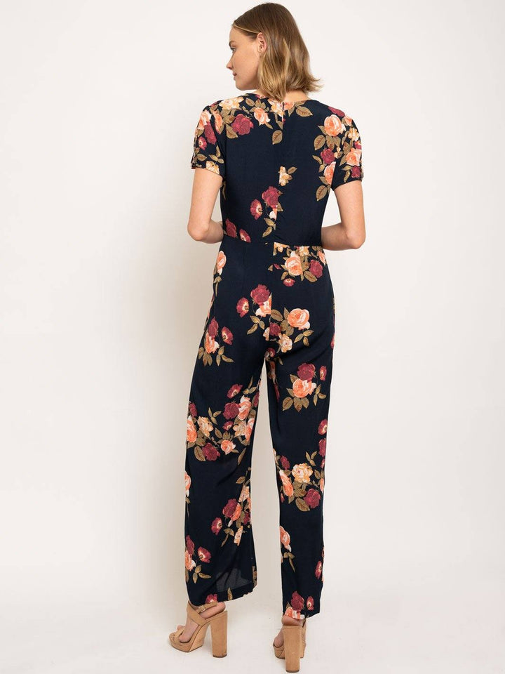 WOMEN'S V-NECK BUTTON CLOSURE FLORAL JUMPSUIT