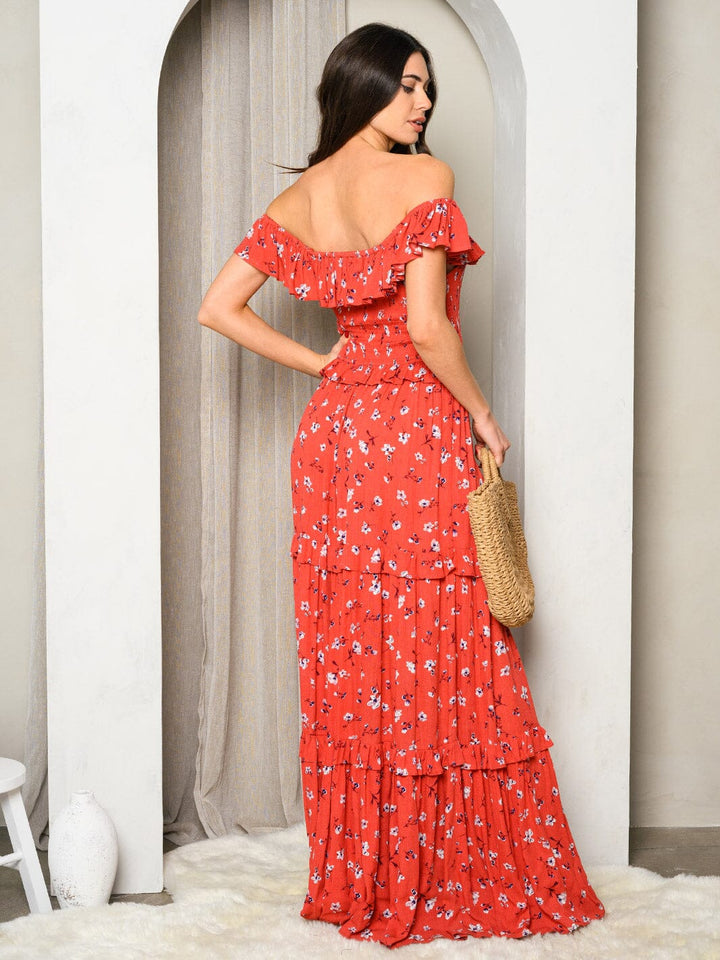 WOMEN'S OFF SHOULDER FLORAL TIERED RUFFLE MAXI DRESS