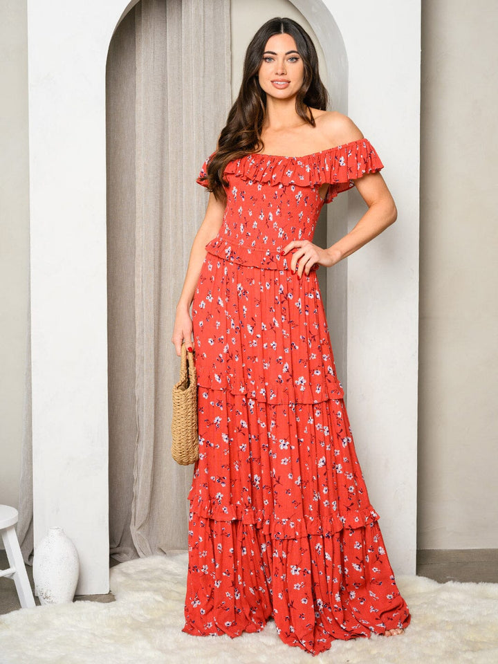 WOMEN'S OFF SHOULDER FLORAL TIERED RUFFLE MAXI DRESS