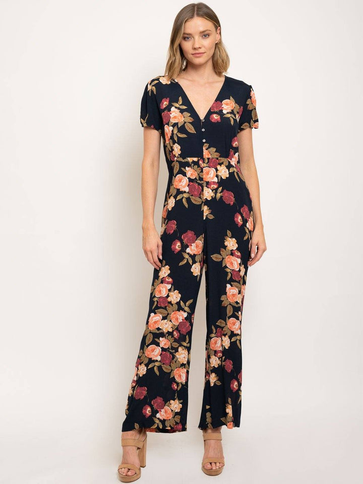 WOMEN'S V-NECK BUTTON CLOSURE FLORAL JUMPSUIT