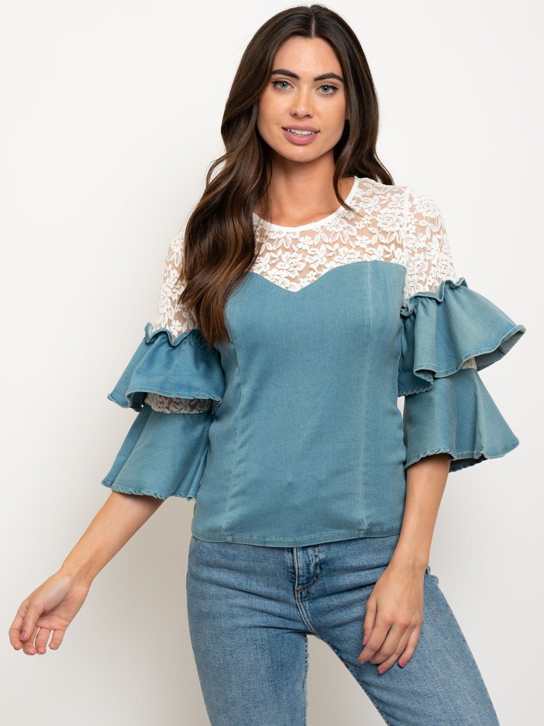 WOMEN'S RUFFLE SLEEVES DENIM TOP