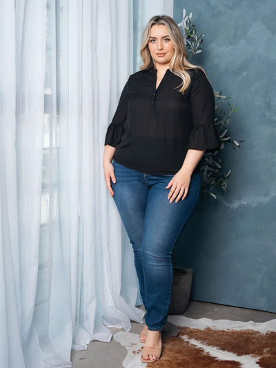 PLUS SIZE RUFFLE 3/4 SLEEVES V-NECK TOP