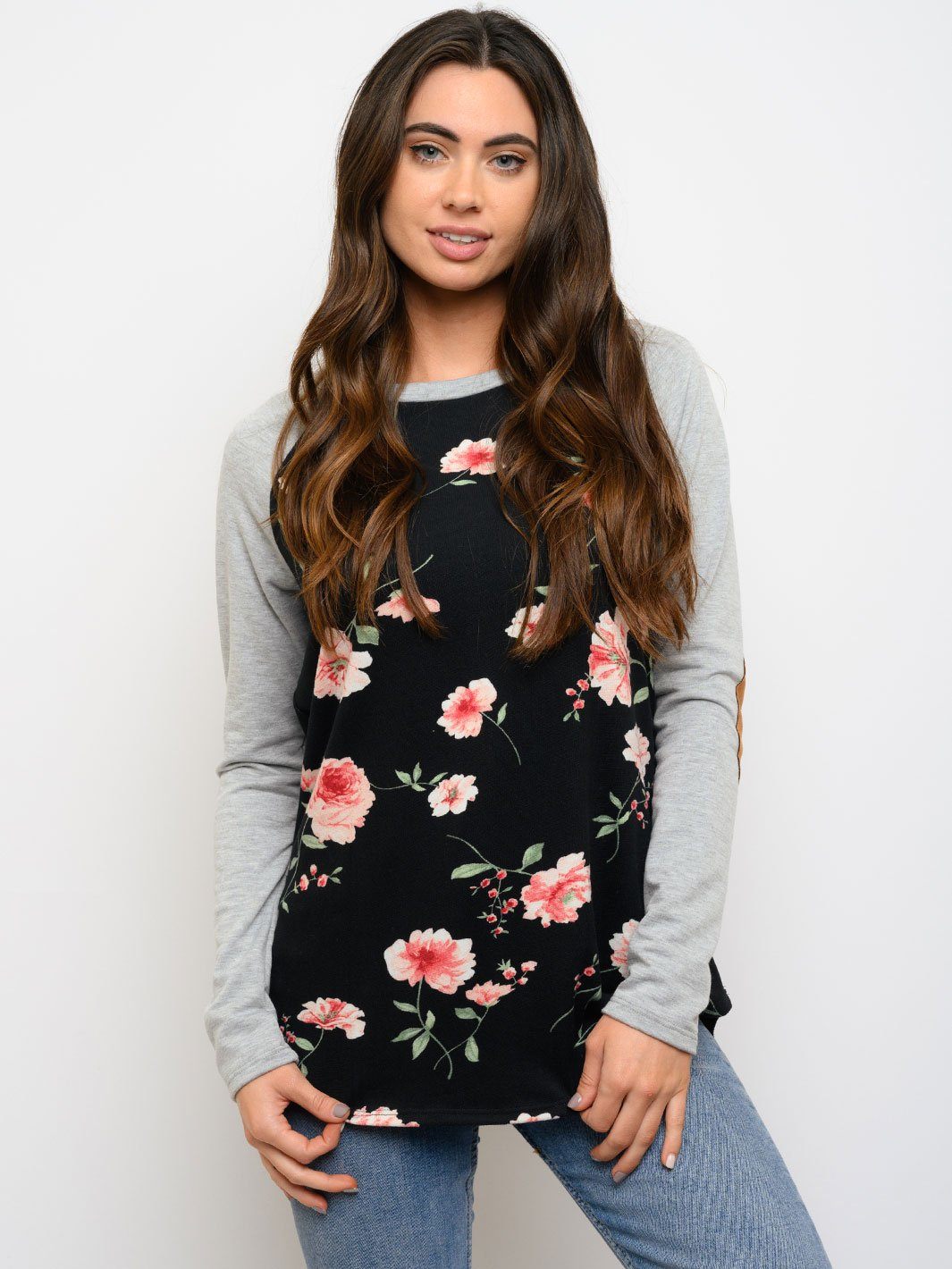 WOMEN'S FLORAL ELBOW PATCHES LONG SLEEVE TOP