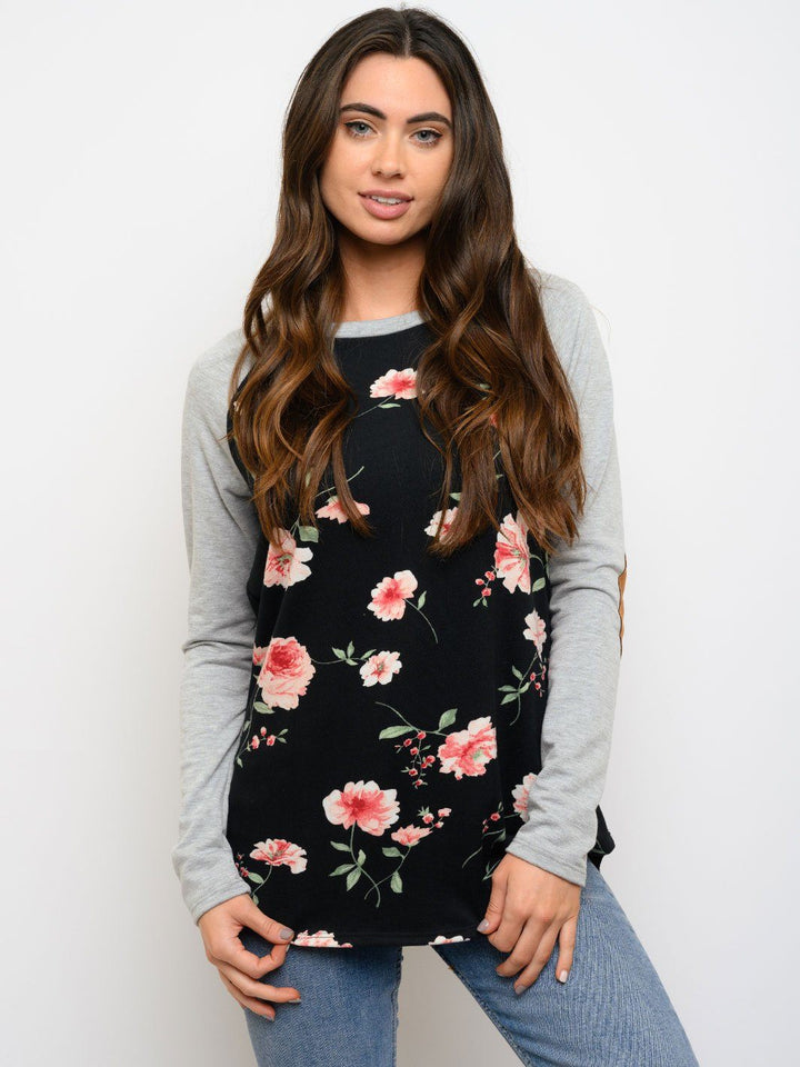 WOMEN'S FLORAL ELBOW PATCHES LONG SLEEVE TOP