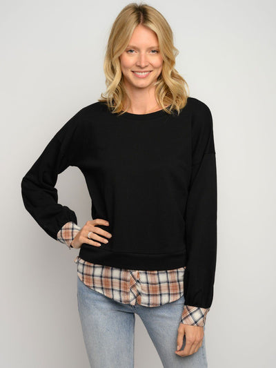 WOMEN'S LONG SLEEVE PLAID CONTRAST TOP