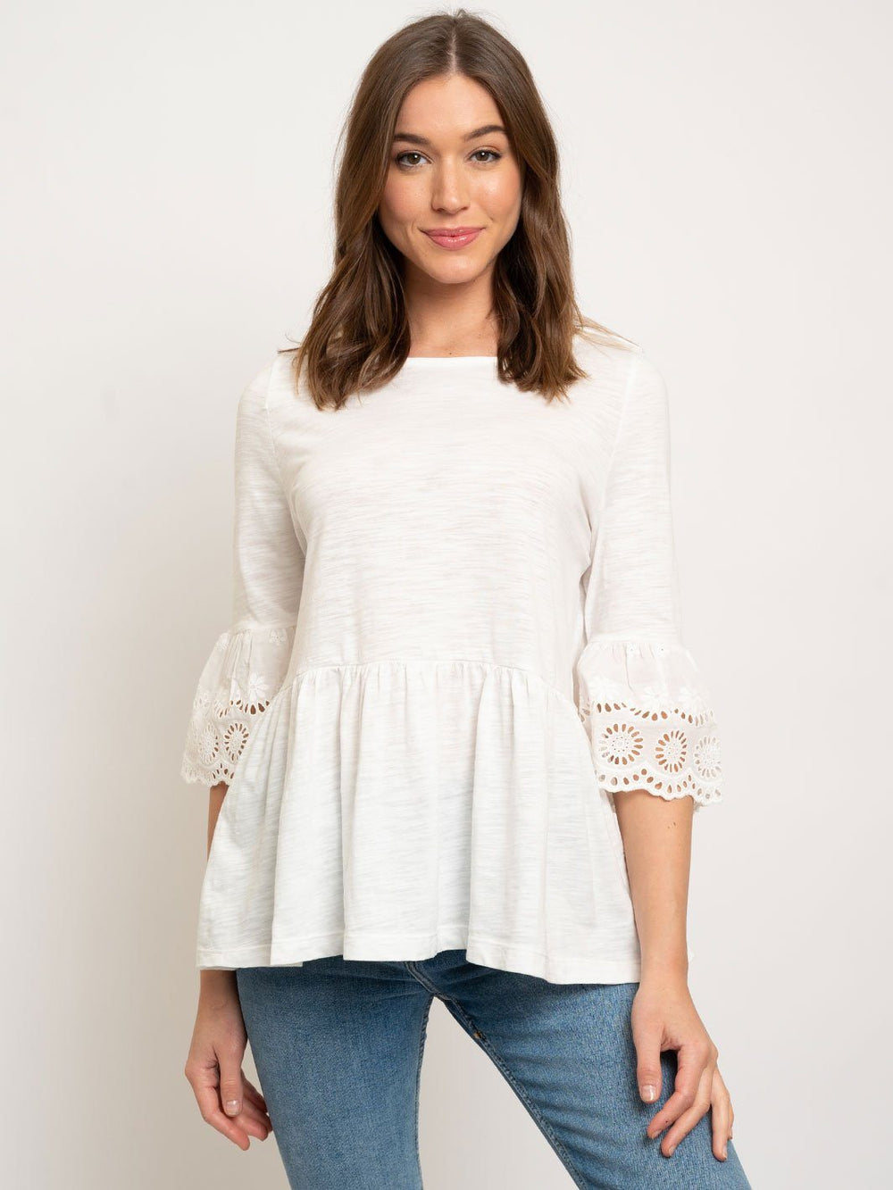 WOMEN'S SLUB BABYDOLL EYELET LACE BELL SLEEVES TOP