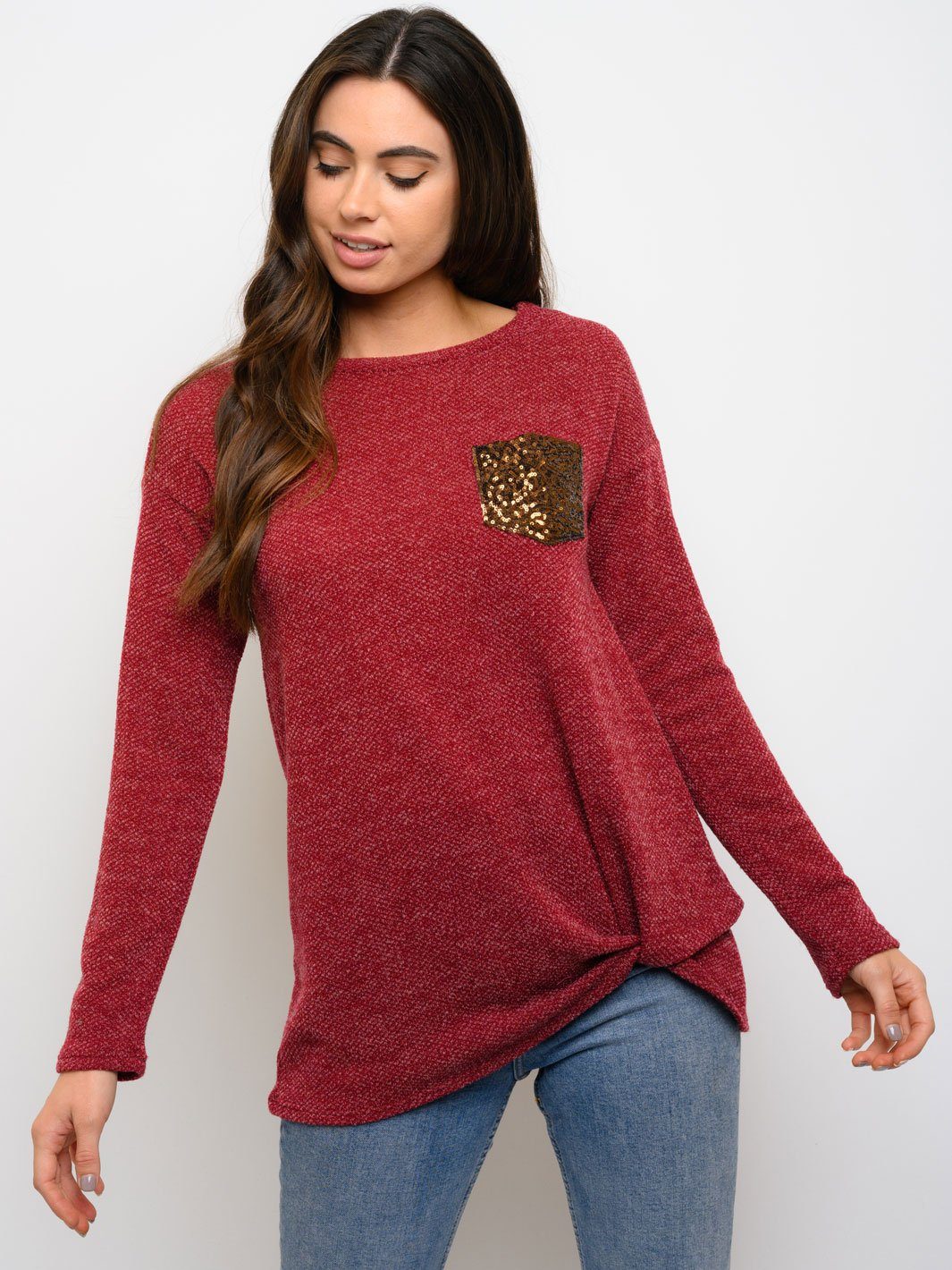 WOMEN'S FRONT KNOT SEQUIN POCKET LONG SLEEVE TOP