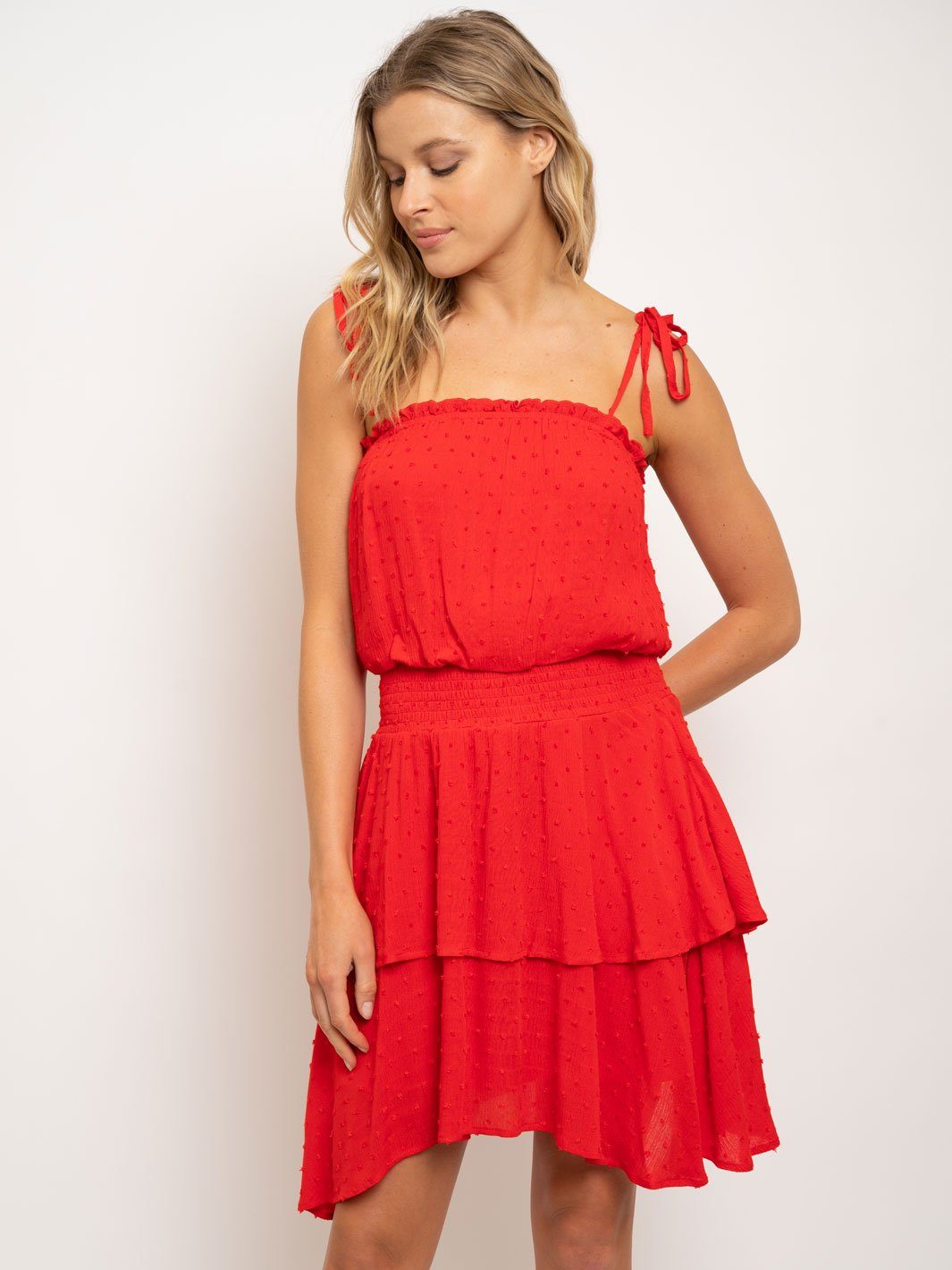 WOMEN'S TIE SHOULDER STRAP RUFFLE TIERED DRESS